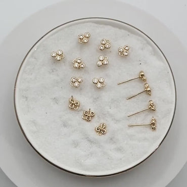 4pcs CZ Pave Three Dot Trio Stud Earring with Loop, Gold Plated Brass, Tiny Trinity Dainty Stud Earring (GB-310-A)