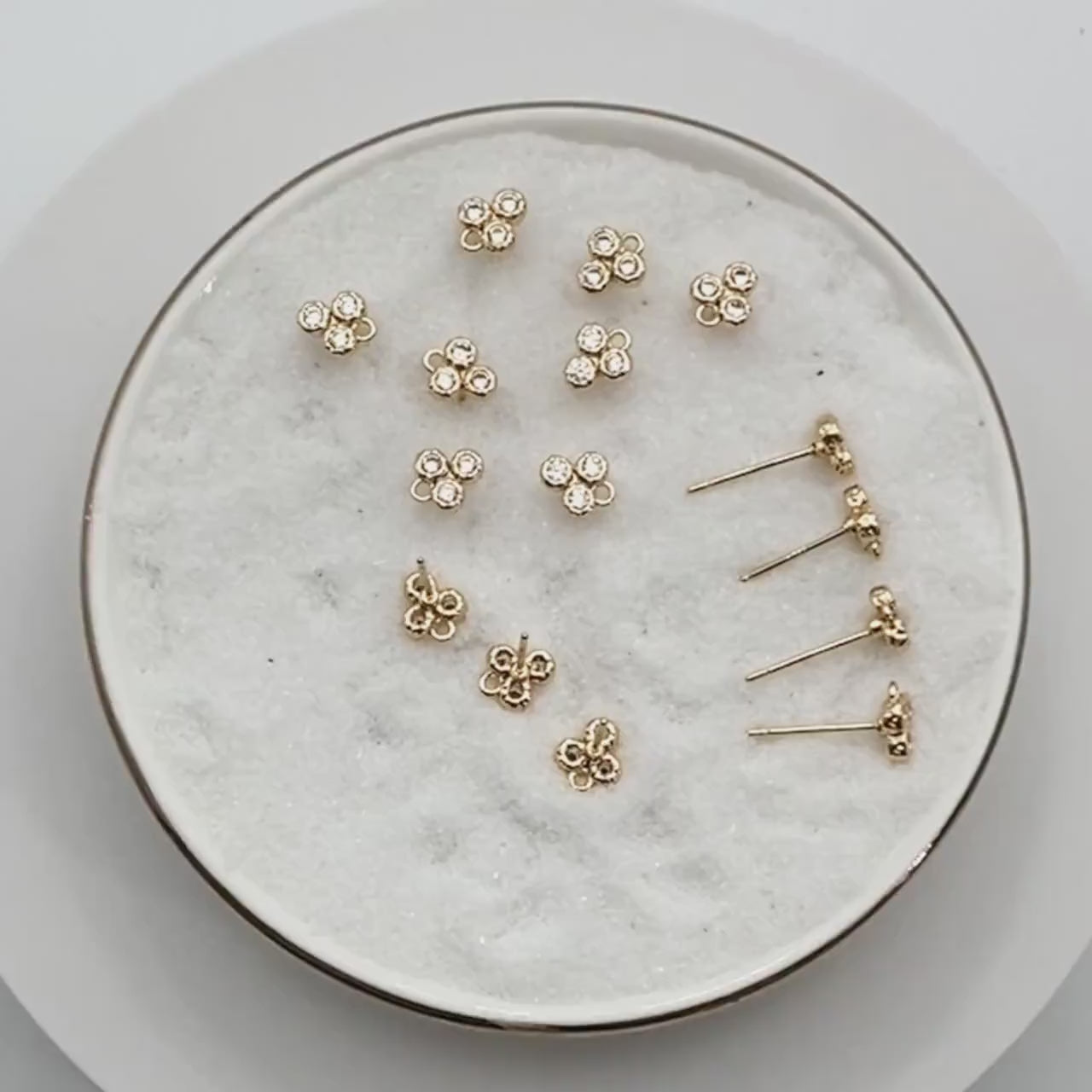 4pcs CZ Pave Three Dot Trio Stud Earring with Loop, Gold Plated Brass, Tiny Trinity Dainty Stud Earring (GB-310-A)