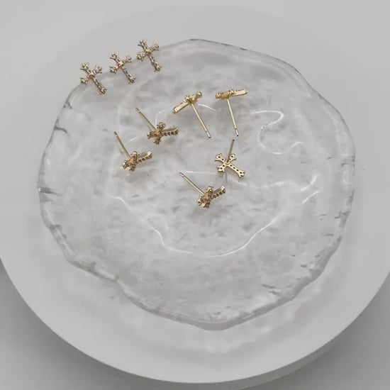 4pcs CZ Pave Gold Cross Earrings 10x8mm, Gold Plated Brass Small Cross Stud Earring (#GB-3637-D)