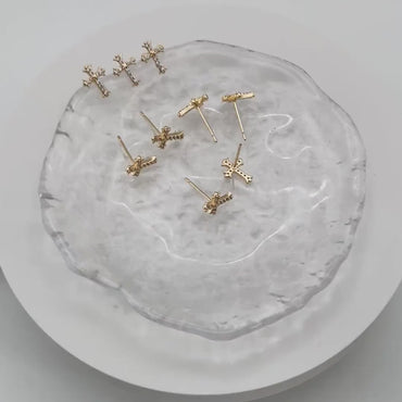 4pcs CZ Pave Gold Cross Earrings 10x8mm, Gold Plated Brass Small Cross Stud Earring (#GB-3637-D)