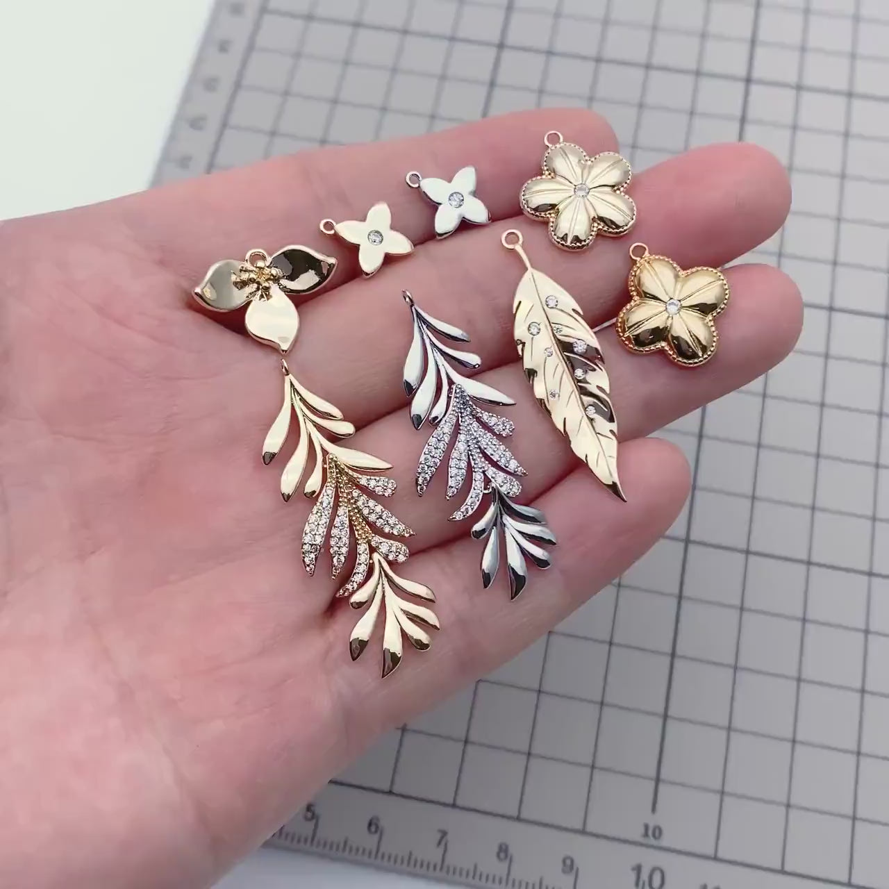 4pcs Gold/ Silver Tone CZ Pave Flower Leaf Charms , Real Gold/ Rhodium plated Brass, Dainty Earring Pendants (GB-978)