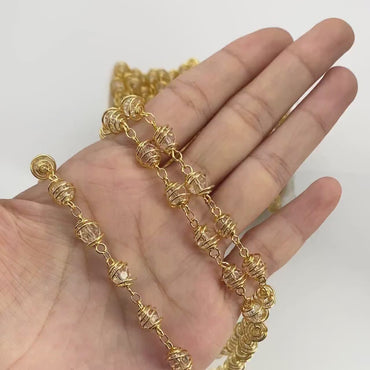 Gold Crystal Bead Chain 7.5mm, Glass Rondelle Beaded Chain, Handmade Wire Chain Wholesale (#LK-218-1)/ 1 Meter=3.3ft