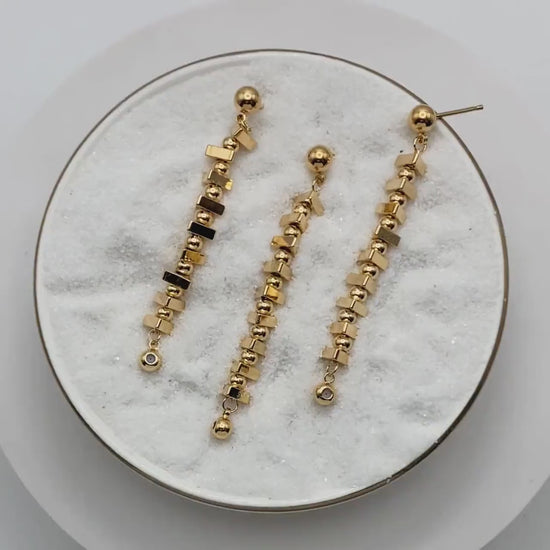 4pcs Gold Triangle Bead Chain Ear Post with Ear Back, Real Gold Plated Brass Chain Earring Studs (GB-3346)