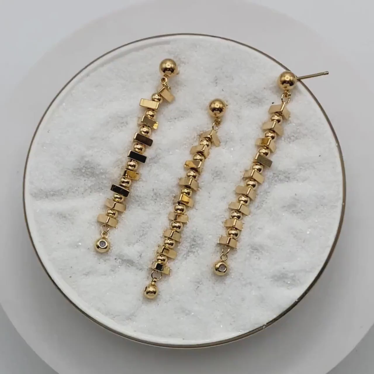 4pcs Gold Triangle Bead Chain Ear Post with Ear Back, Real Gold Plated Brass Chain Earring Studs (GB-3346)