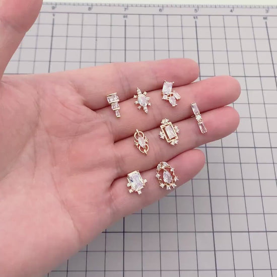 4pcs CZ Pave Dainty Geometric Stud Earrings, 18K Gold Plated Brass, Cubic Zirconia Earrings (GB-3633)