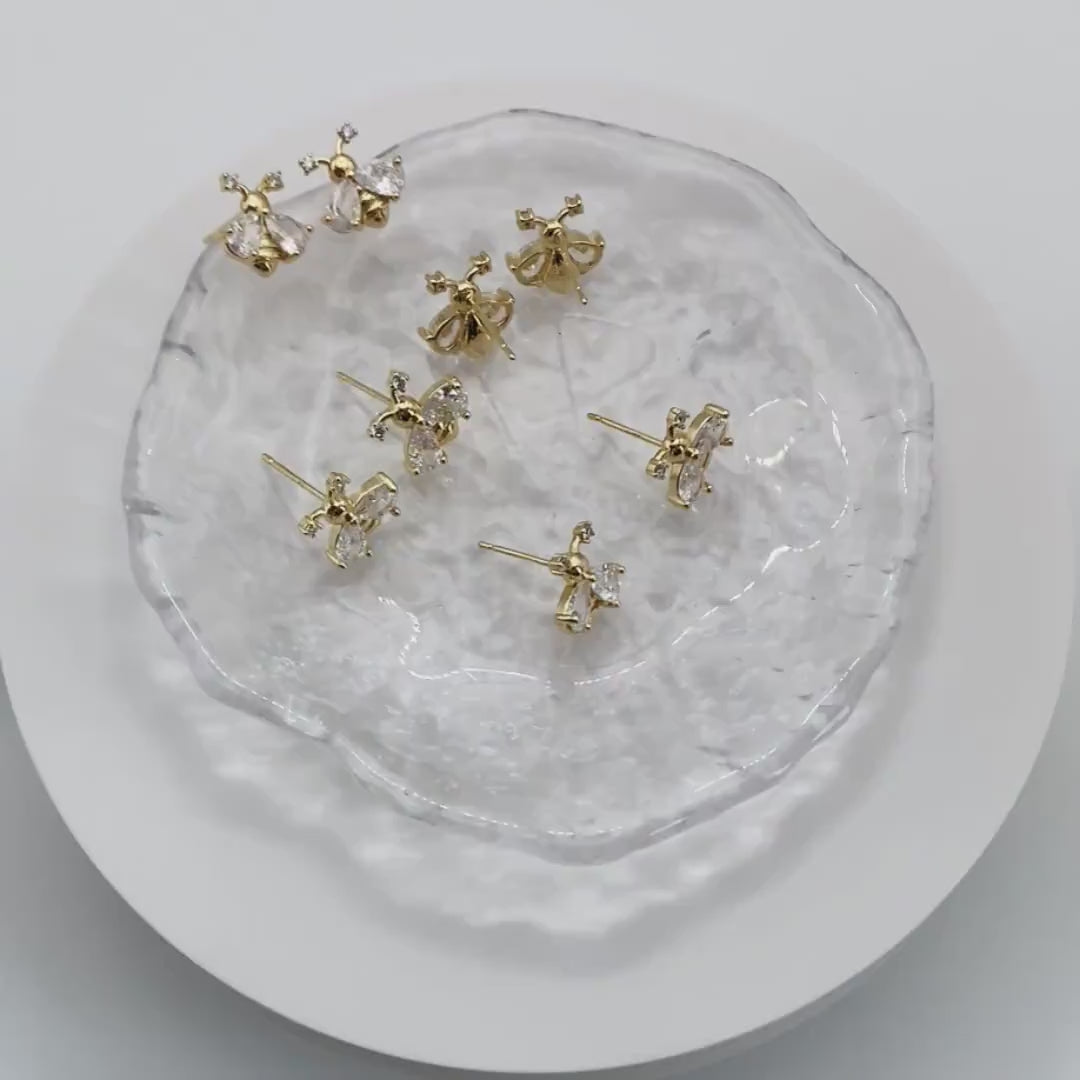 4pcs CZ pave Gold Bee Earrings 12mm, Real Gold Plated Brass Stud Earrings (GB-4243)