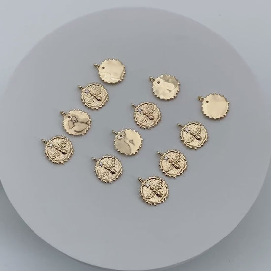 10pcs CZ Pave Gold Bee Fossil Charms, Gear Pendants 16x13mm, Earring Findings, Jewelry Making Supplies (GB-3093-A)