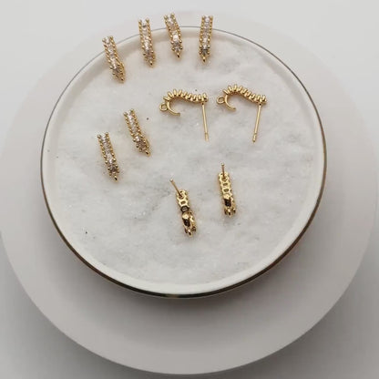 4pcs CZ Paved Curved Bar Post Earrings, Gold plated Brass, Dainty Stud Earrings, DIY Ear Findings (GB-3649)