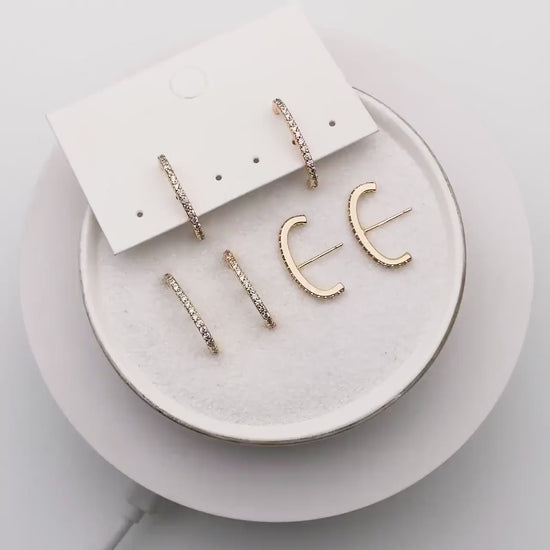 4pcs CZ pave Gold C Shaped Earrings, Gold Plated Brass Bar Stud Earrings (GB-4087)