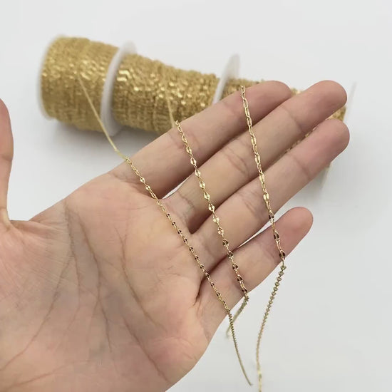 Gold Flat Cable Chains 1.6/ 2.1/ 2.3mm, 18K Gold plated Brass, Dainty Oval Linked Chains  (#LK-163)/ 1 Meter=3.3 ft