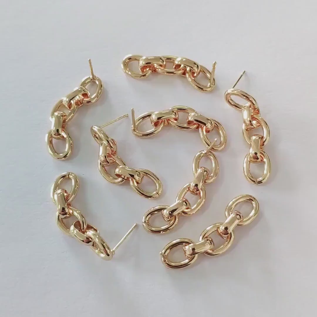 4pcs Chain Link Earring Studs, 18K Gold plated Brass, Oval Hoop Chain Ear Posts(GB-2652)