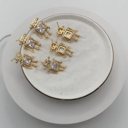 4pcs CZ Pave Gold Robot Earrings 22x14mm, Gold Plated Brass, Dainty Robot Stud Earrings (GB-4078)