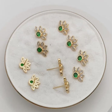 4pcs CZ Pave Gold Emerald Flower Earrings 14x10mm, Gold Plated Brass Flower Stud Earrings (GB-3128)