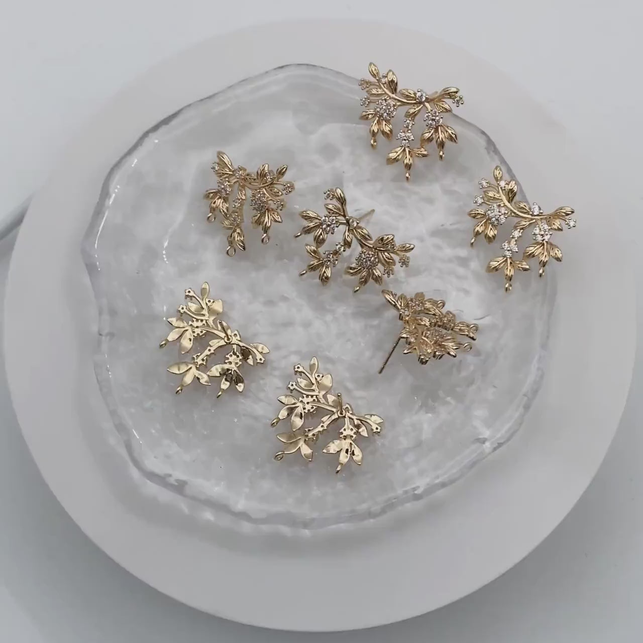 4pcs CZ Pave Flower Branch Stud Earring with 3 loops, Dainty Earrings, Dangle Earring Components (GB-3664)