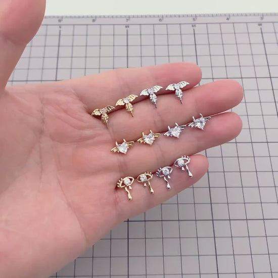 10pcs CZ Pave Gold/ Silver Heart Wing and Eye Earrings, 18K Gold/ Rhodium Plated Brass, Dainty Stud Earrings (GB-4766)