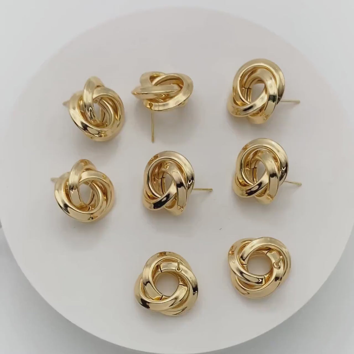 4pcs Gold Knot Earrings, Minimalist Stud Earrings, Circle Flower Ear Posts 21mm (GB-2365)