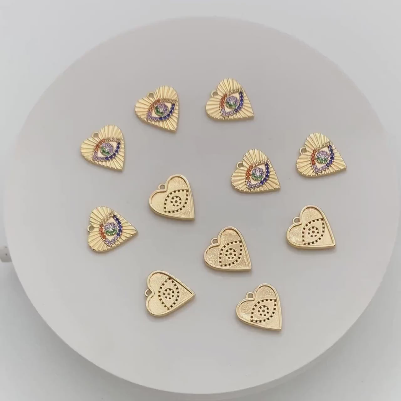 4pcs CZ pave Colourful Gold Heart Evil Eye Charm 15mm, Gold Plated Brass Heart Pendant (GB-4085-E)