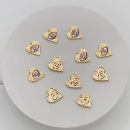 4pcs CZ pave Colourful Gold Heart Evil Eye Charm 15mm, Gold Plated Brass Heart Pendant (GB-4085-E)