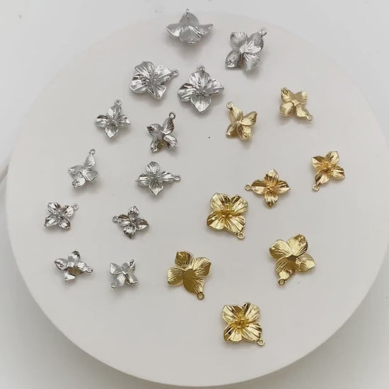 10pcs Gold/ Silver Tone Flower Charms with 2 Loops, 18K Gold/ Rhodium plated Brass, Floral Connectors 10/ 12/ 15mm (GB-1987)