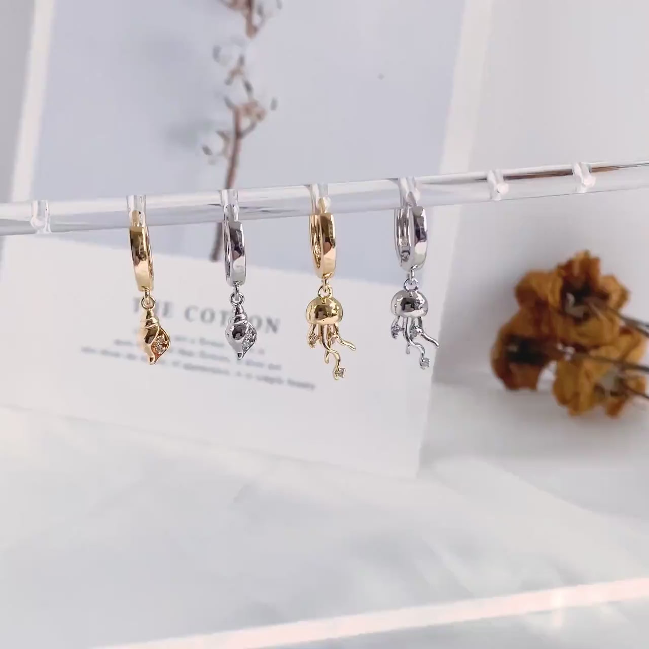 4pcs CZ Pave Gold/ Silver Tone Conch/ Jellyfish Charms, 18K Gold/ Rhodium plated Brass, Dainty Beach Jewelry (GB-4643)