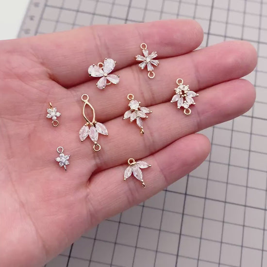 10pcs CZ Pave Flower Leaf Connector, 18K Gold plated Brass, Dainty Connector Charms (GB-3670)