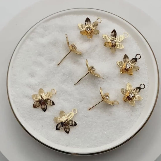10pcs CZ Pave Gold Flower Earring with Loop, Gold Plated Brass, Jewelry Making, Diy Material, Jewelry Supplies (GB-3742)