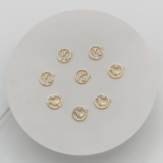 4pcs Gold Moon Charms, Gold Star Pendants 12mm, CZ Cubic Zirconia Pave Pendants (GB-2433-D)