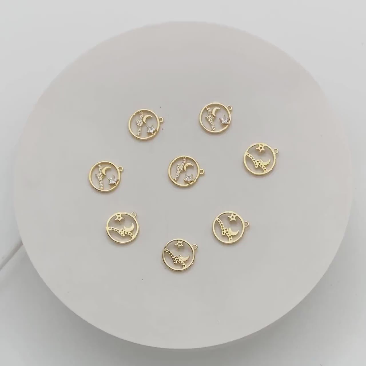 4pcs Gold Moon Charms, Gold Star Pendants 12mm, CZ Cubic Zirconia Pave Pendants (GB-2433-D)