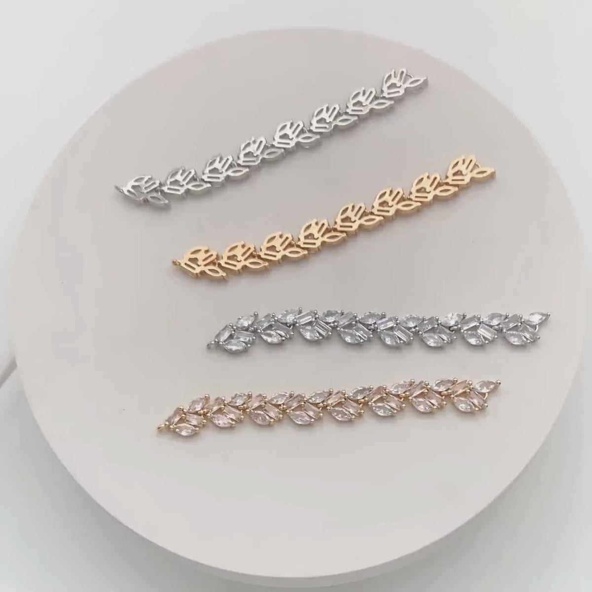 4pcs CZ Pave Gold/ Silver Leaf Charm Connector 73x7mm, 18K Gold/ Rhodium plated Brass, Dangle Earring Pendants  (#GB-3669-A)