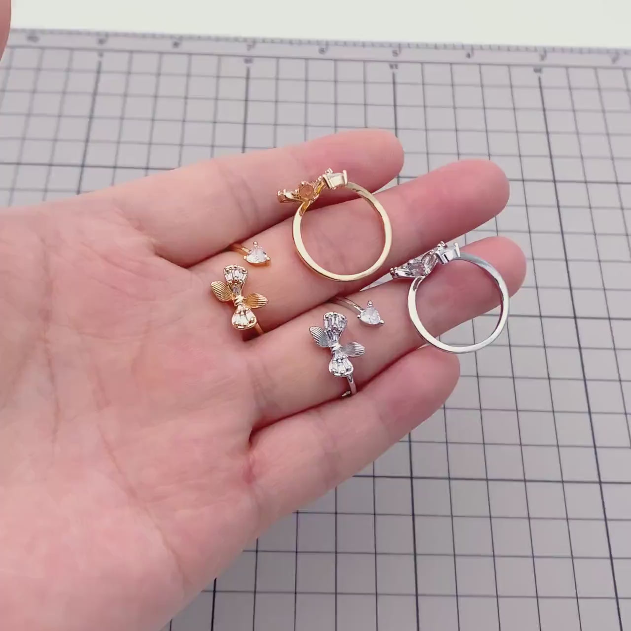 4pcs CZ Pave Gold/ Silver Bowknot Heart Ring, Modern Style Ring, Fashion Rings, Dainty Rings, Adjustable Ring (#JZ-003)