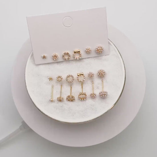 10pcs Gold Faux Pearl Earrings, Gold Plated Brass, Dainty Stud Earring (#GB-4632)