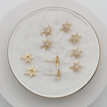 4pcs CZ Pave Hexagram Earrings, 13x10mm, Real Gold Plated Brass Star Stud Earrings (#GB-2783)
