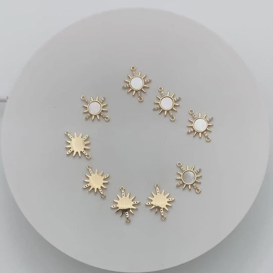 4pcs Shell Pave Gold/ Silver Sun Charms, 18K Gold/ Rhodium plated Brass, CZ Sun Pendants Connector (GB-2000-A)