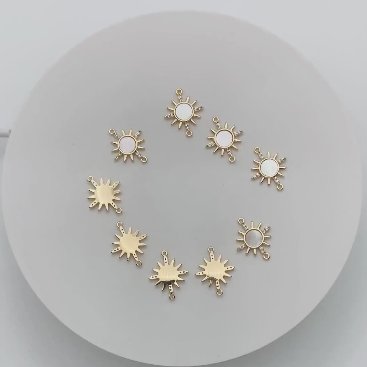 4pcs Shell Pave Gold/ Silver Sun Charms, 18K Gold/ Rhodium plated Brass, CZ Sun Pendants Connector (GB-2000-A)