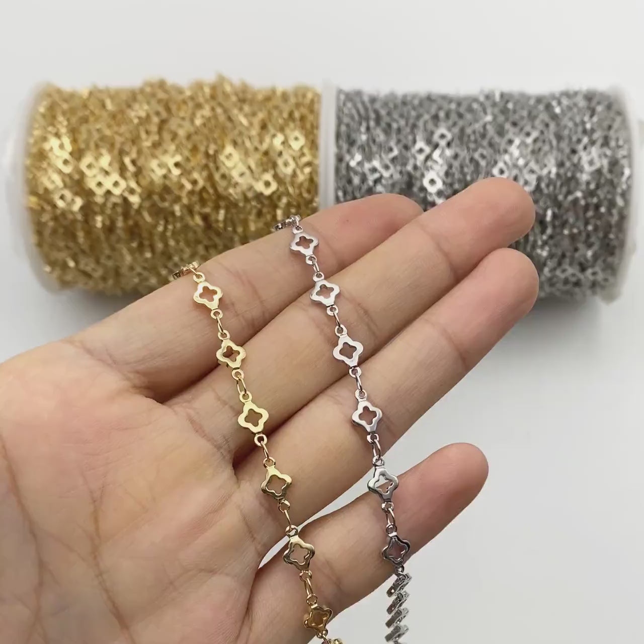 Gold/ Silver Tone Four Leaf Clover Beaded Chain 5.6mm, Gold/ Rhodium plated Brass, Quality Chain for DIY Jewelry (#LK-605)/ 1 Meter=3.3 ft