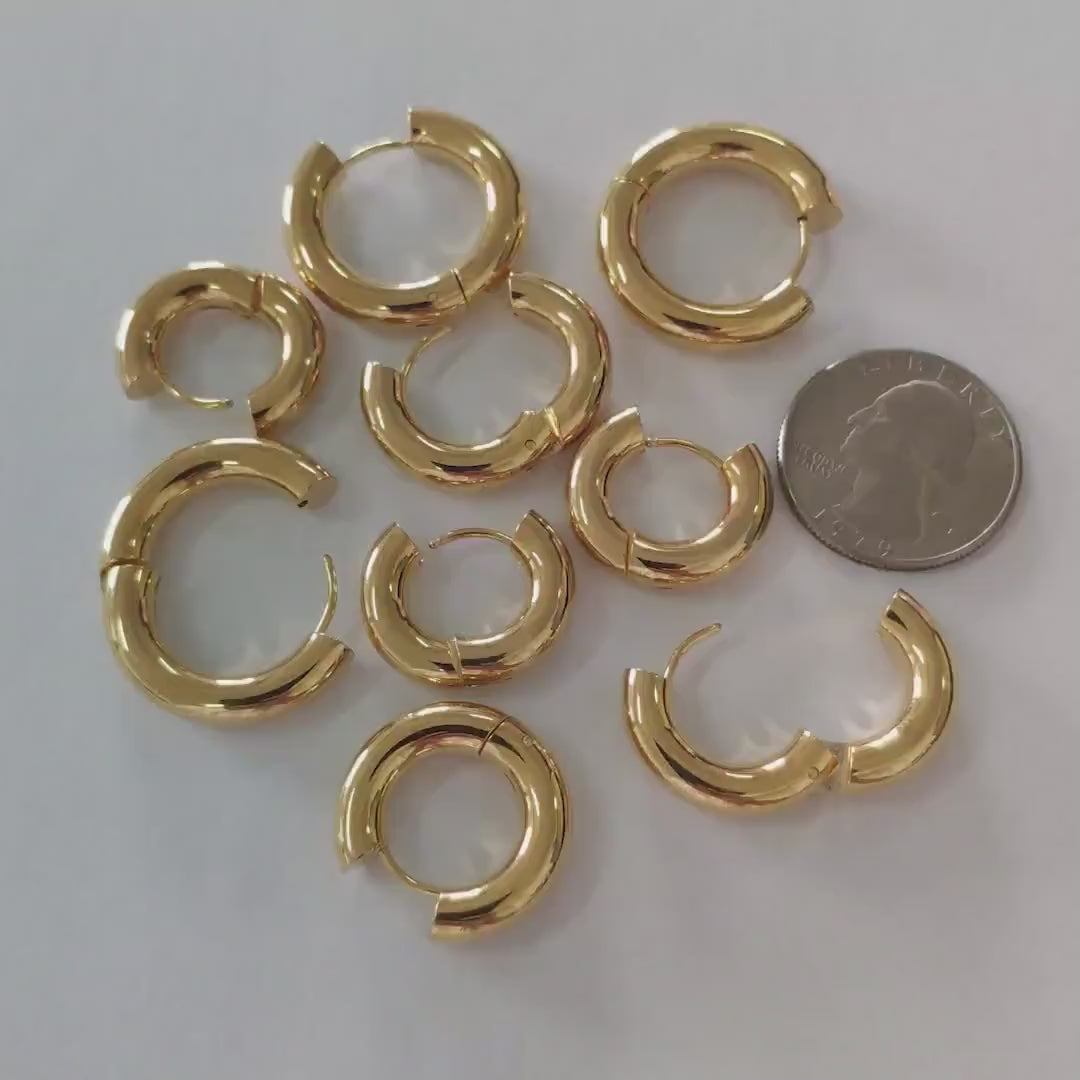 4pcs Gold plated Stainless Steel Huggie Earrings, 5mm Thick by 20/ 22/ 24/ 26mm, Minimalist Chunky Hoop Earrings (GB-1484)