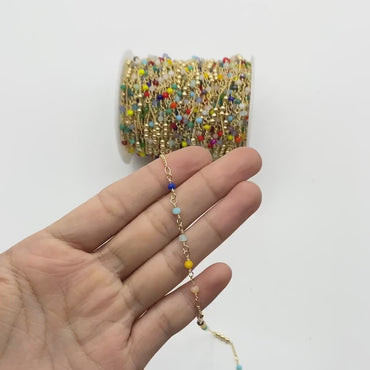 Glass Rondelle Bead Chain 3.5mm, 18K Gold plated on Brass Beaded Chains, Mix Color Rainbow Crystal Chain (#LK-442)/ 1 Meter=3.3ft