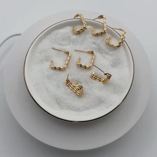 4pcs Gold Triple Band Square Earrings, 18K Real Gold Plated Brass, Geometric Earring Studs (GB-4057)