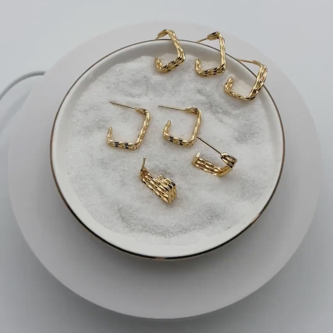 4pcs Gold Triple Band Square Earrings, 18K Real Gold Plated Brass, Geometric Earring Studs (GB-4057)