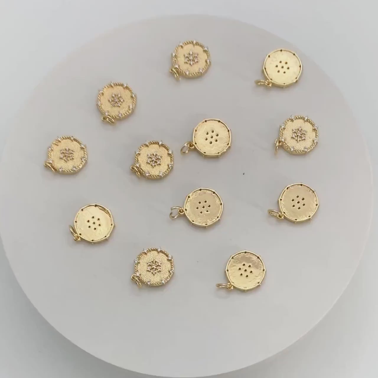 4pcs CZ Pave Gold Snowflake Disc Charms 14mm, 18K Gold plated Brass, Disk Pendants (GB-3486-E)