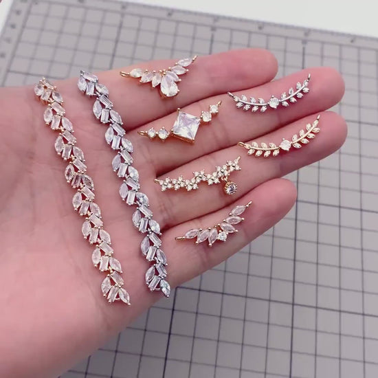 4pcs CZ Pave Gold/ Silver Tone Leaf Charm Connector , Gold/ Rhodium plated Brass, Cubic Zirconia Setting Diy Supplies  (#GB-3669)