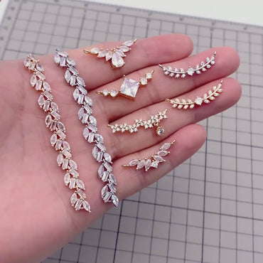 4pcs CZ Pave Gold/ Silver Tone Leaf Charm Connector , Gold/ Rhodium plated Brass, Cubic Zirconia Setting Diy Supplies  (#GB-3669)