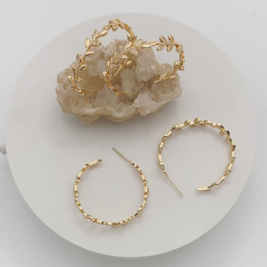 4pcs CZ Paved Dainty Gold Leaf Hoop Earrings, Gold Hoop Earring, 42mm Circle Leaf Earring (GB-2019)