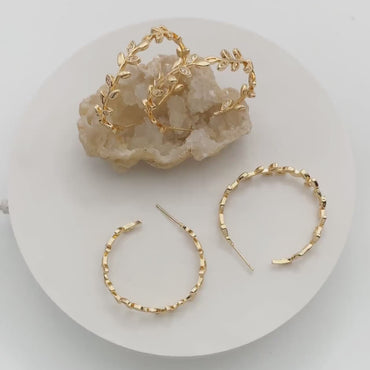 4pcs CZ Paved Dainty Gold Leaf Hoop Earrings, Gold Hoop Earring, 42mm Circle Leaf Earring (GB-2019)