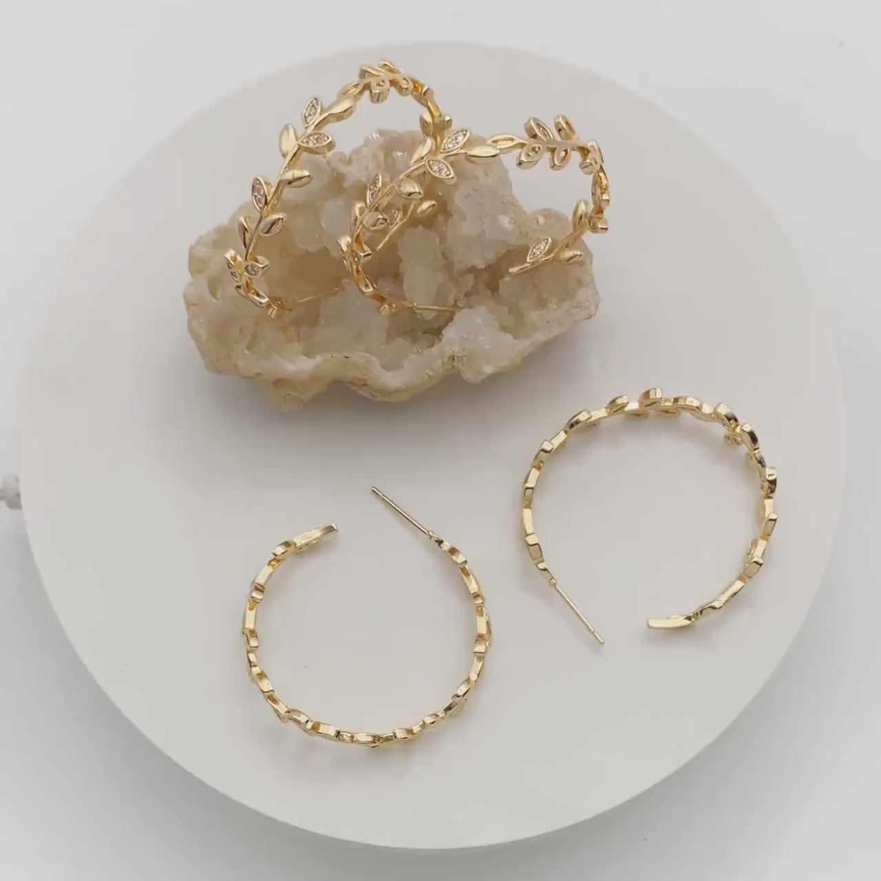 4pcs CZ Paved Dainty Gold Leaf Hoop Earrings, Gold Hoop Earring, 42mm Circle Leaf Earring (GB-2019)