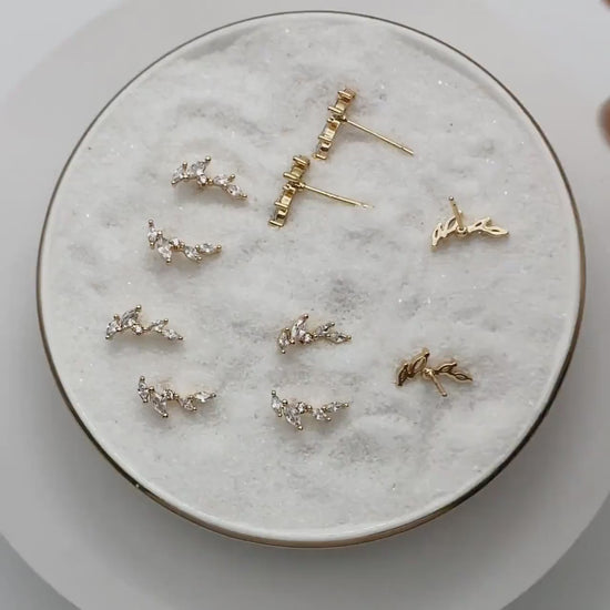 4pcs Leaf Stud Earrings, 18K Gold Plated Brass, CZ Pave Branch Earrings (GB-3369)