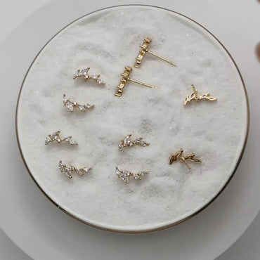 4pcs Leaf Stud Earrings, 18K Gold Plated Brass, CZ Pave Branch Earrings (GB-3369)