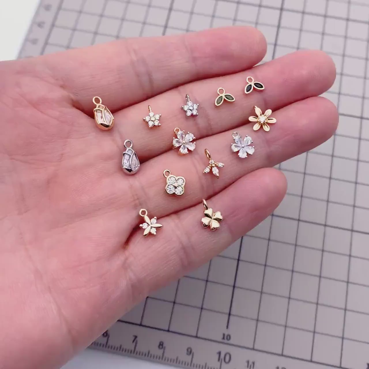 10pcs Gold/ Silver Tone Flower Leaf Charms, 18K Real Gold/ Rhodium plated Brass, Tiny Floral Pendants (GB-1762)