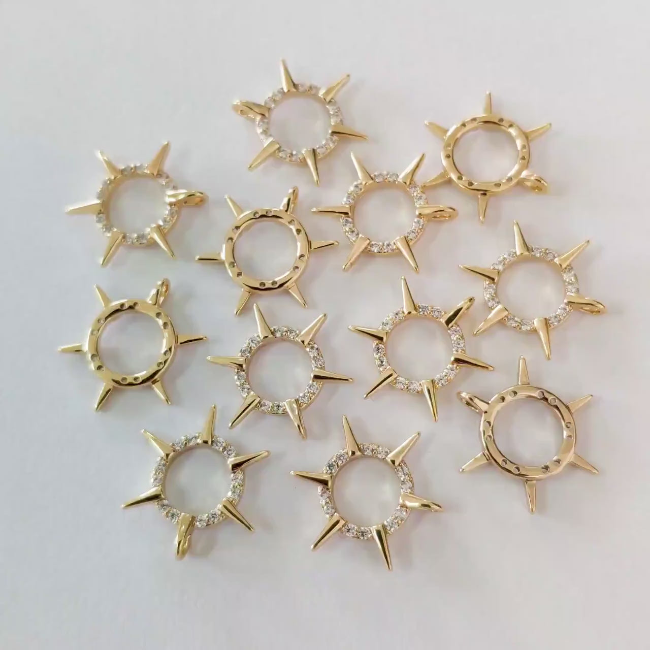 4pcs Gold CZ Spike Circle Charm 16x14mm, Real Gold plated Brass, Jewelry Supply (GB-1311-D)