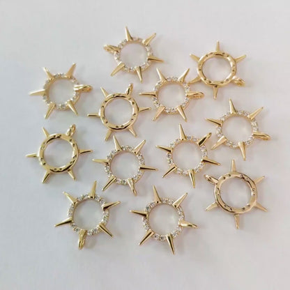 4pcs Gold CZ Spike Circle Charm 16x14mm, Real Gold plated Brass, Jewelry Supply (GB-1311-D)